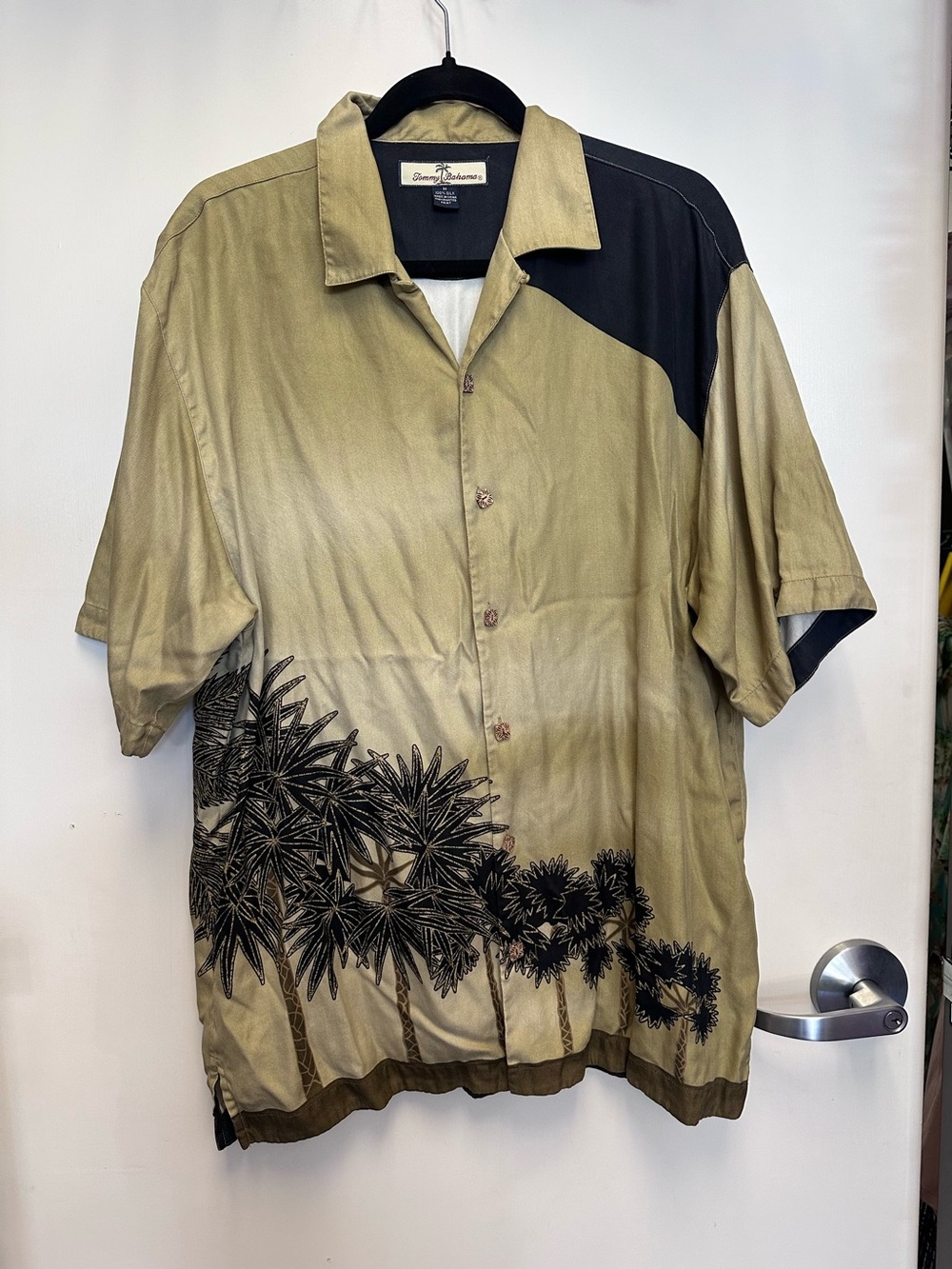 Tommy Bahama Olive and Black Palm-Print Short Sleeve Camp Shirt